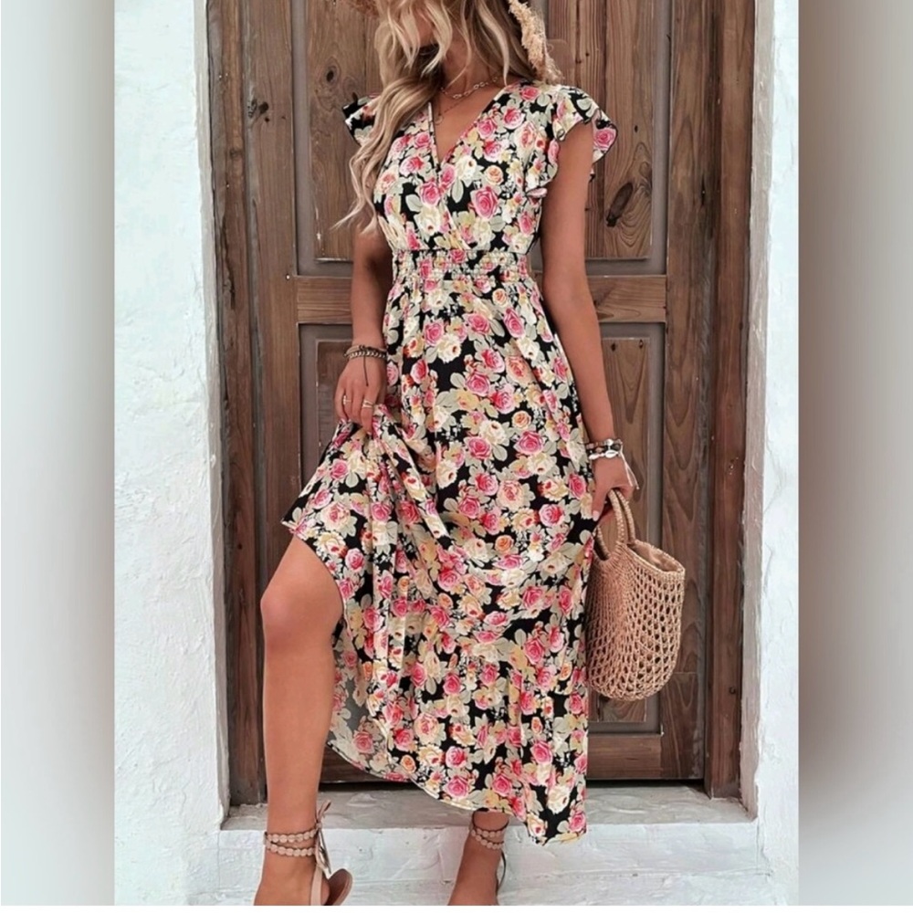 NEW Boho Floral Wrap Top Ruffle Trim Long Dress Black Pink Yellow.